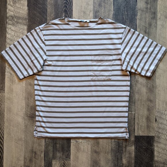 Uniqlo Pocket Tee Striped Midweight Cotton Large Cream Brown - Picture 1 of 6